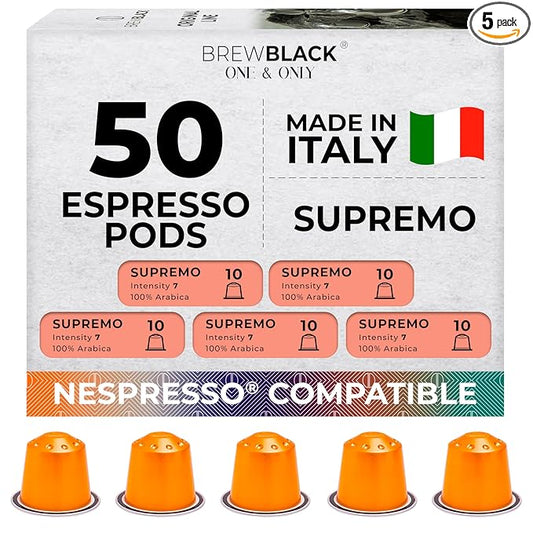 BrewBlack Supremo Coffee Capsules - 50 Aluminum Coffee Pods Compatible with Nespresso Original line, 100% Arabica Medium Roast - Intensity 7/12, Made in Italy