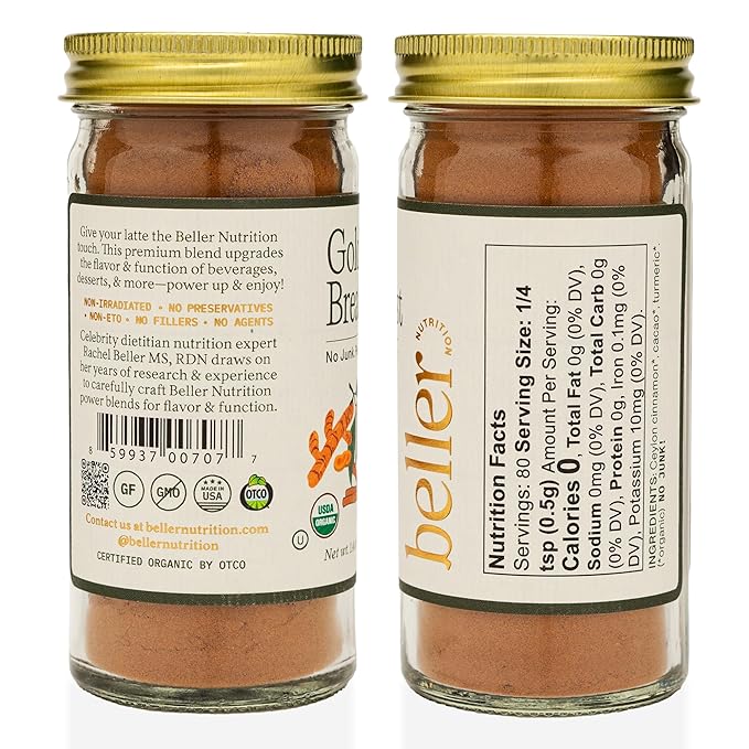 Beller Nutrition Golden Breakfast Organic Ceylon Cinnamon Powder Blend | 1.3 oz | No Salt Cinnamon Seasoning Ground from Organic Ceylon Cinnamon Sticks Blended with Ginger Root & Orange Peel