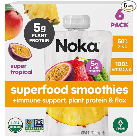 Noka Superfood Fruit Smoothie Pouches, Super Tropical with Immune Support, Healthy Snacks with Elderberry, Vitamin C, Flax Seed and Plant Protein, Vegan, Gluten Free, Organic Fruit Squeeze Pouch, 4.22 oz, 6 Count