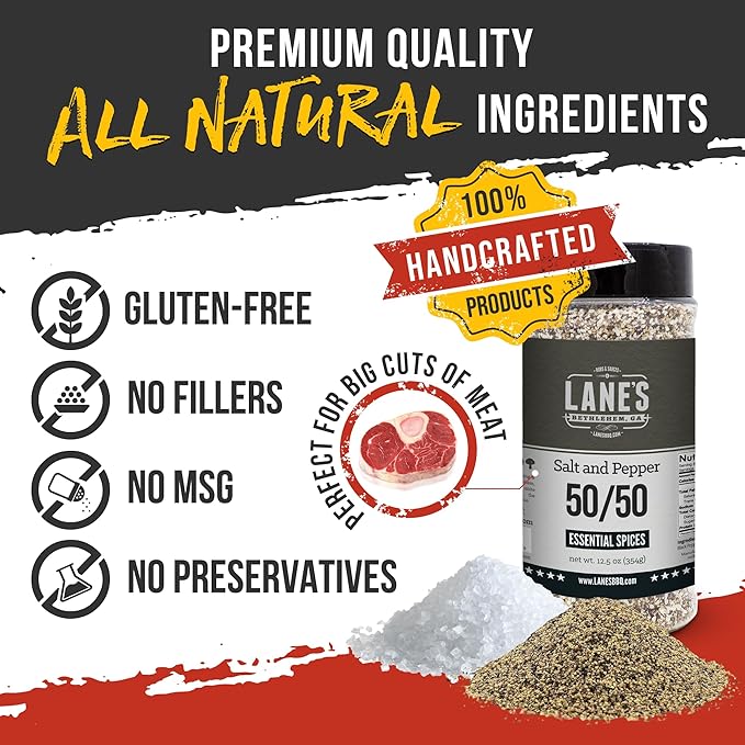 Lane's BBQ Salt and Pepper 50/50 | Coarse Salt and 16 Mesh Black Pepper | Bulk Spices | Gluten-Free | 12.5oz Bottle