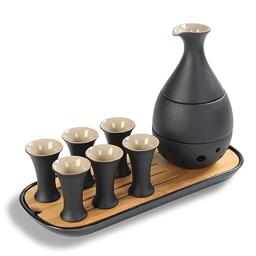 TEANAGOO 10 Pcs Sake Set, Sake Cups(0.9 Oz) with Bamboo Tray, Saki Cup Set with Warmer Pot(6 Oz), Sake Warmer Gift Sets for Friends/Family In Winter. Sake Set with Warmer for Christmas, Birthday, T2