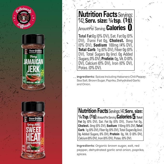 Sauce Goddess - Spicy BBQ Sweet Heat & Fiery Jamaican Jerk Duo Premium Spices, No MSG, No Additives, Plant-Based, Shakers for Meat & Veggies - 2-Pack
