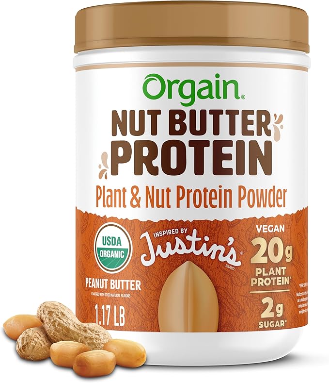 Orgain X Justin's ì§?Organic Vegan Nut Butter Protein Powder, Peanut Butter- 20g Plant Protein, 2g Sugar, Gluten Free, No Dairy, Soy Ingredients, or Artificial Flavors, 1.17 lb