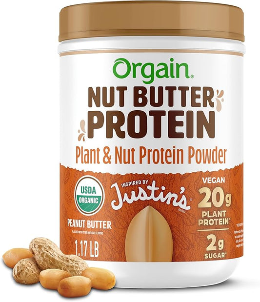 Orgain X Justin's ì§?Organic Vegan Nut Butter Protein Powder, Peanut Butter- 20g Plant Protein, 2g