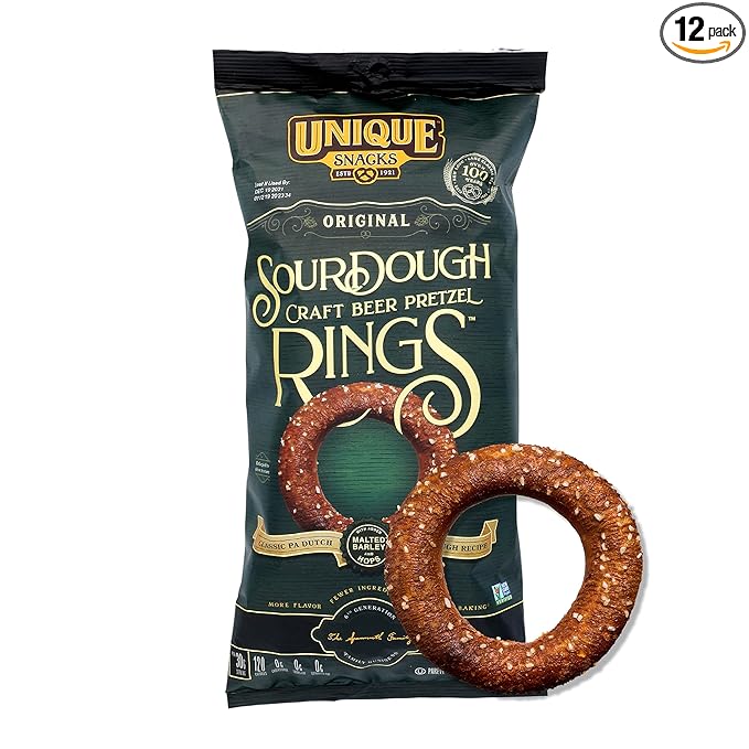 Unique Snacks Sourdough Craft Beer Pretzel Rings, Delicious Homestyle Baked Snack Bag, Vegan, OU Kosher, and Non-GMO Food, No Artificial Flavor, 11 Oz. Bag, Pack of 12