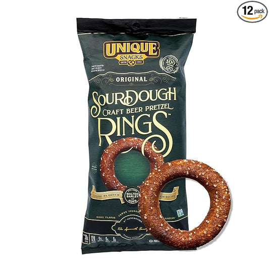 Unique Snacks Sourdough Craft Beer Pretzel Rings, Delicious Homestyle Baked Snack Bag, Vegan, OU Kosher, and Non-GMO Food, No Artificial Flavor, 11 Oz. Bag, Pack of 12