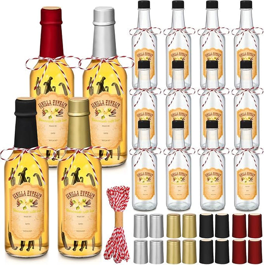 Tioncy 16 Pcs Vanilla Extract Bottles for Homemade Vanilla Jar Glass Bottle with Cap, Shrink Band, Sticker Syrup Gift Food Storage Canister for Bean Sauce Spice(Multicolour,8.5 oz)