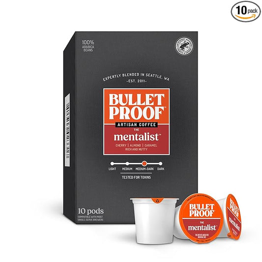 Bulletproof The Mentalist Medium-Dark Roast Single-Serve Pods, 10 Count, 100% Arabica Beans, Clean Coffee Tested for Toxins, Packaging May Vary