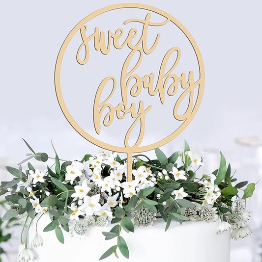 Sweet Baby Boy Cake Topper - Wooden Oh Boy Baby Shower Cake Decorations for Boys - Baby Shower Cake Topper for First Birthday/Gender Reveals Party, Photo Booth Props