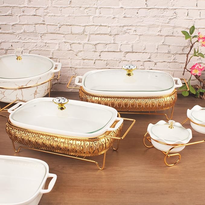 11" x 7" Ceramic Oval Casserole Dish with Glass Lid and Gold rack, 1.3 Quart White Serving Soup Tureen,Chafing Dish for Buffet, Family Food preserve Tray, Catering Casserole for Party Style