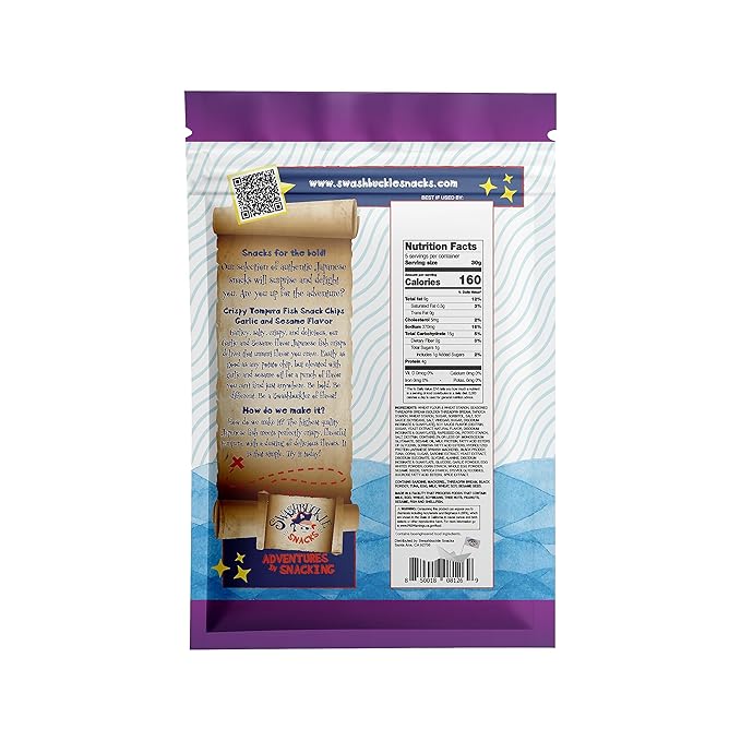 Crispy Tempura Fish Chips Garlic and Sesame Flavor 5.29oz (150g), Made in Japan by Swashbuckle Snacks
