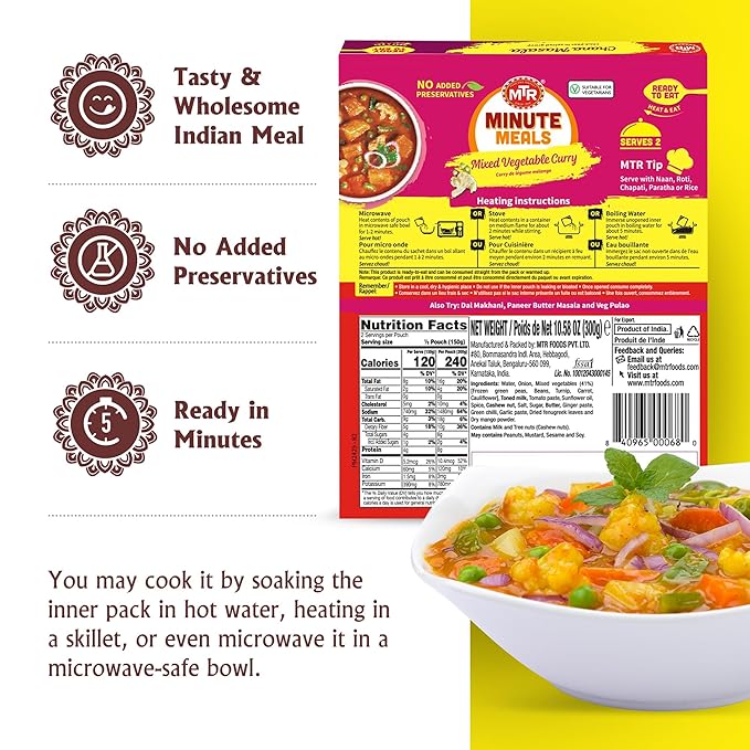 MTR - Minute Meals: Flavorful Mixed Vegetable Curry - Authentic Indian Ready-to-Eat Meal with No Added Preservatives - A Quick Meal Suitable for Vegetarians, Ready in Minutes! (Pack of 6)
