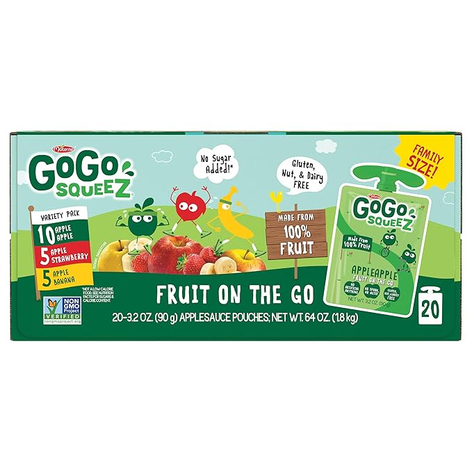GoGo squeeZ Applesauce, Variety Pack (Apple/Banana/Strawberry), 3.2 Ounce (20 Pouches), Gluten Free, Vegan Friendly, Unsweetened, Recloseable BPA Free Pouches