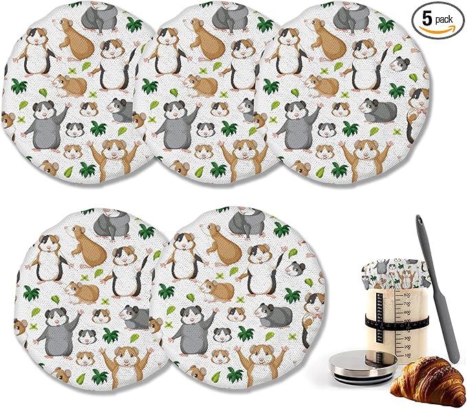 Sourdough Starter Jar Cloth Covers, Funny Guinea Pig Gifts for Women Baker 5 Pack Kit Stretchy Cloth Bowl Lids Fits Jar Mouth Ranging 3"- 4" Inches