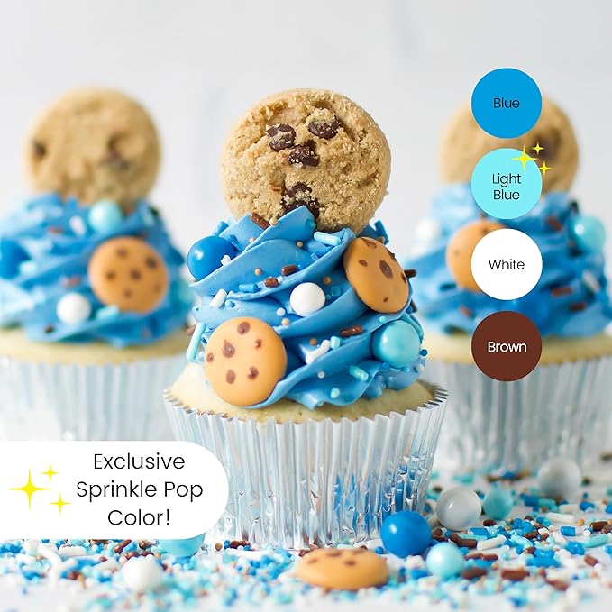 Sprinkle Pop Cookies & Milk Sprinkle Mix| Blue and White Sprinkles with ~6 Hand Piped Chocolate Chips Cookies and Brown Pops| Decorating Sprinkles Made in USA For Birthday Cake Cupcakes Donuts, 2oz