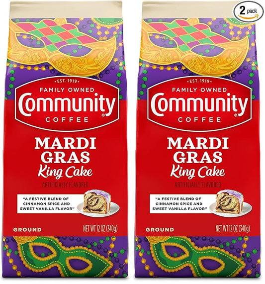 Community Coffee Mardi Gras King Cake Flavored 12 Ounces, Medium Roast Ground Coffee, 12 Ounce Bag (Pack of 2)