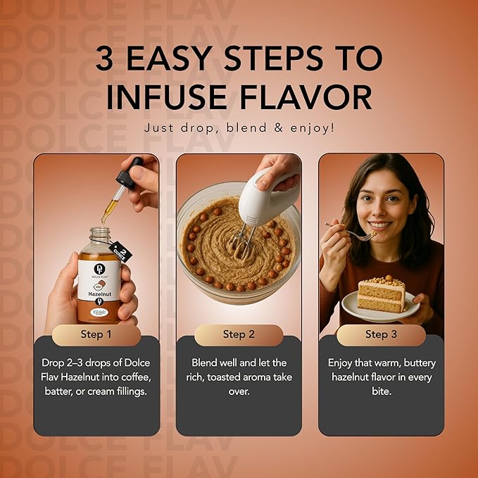 Dolce Flav Natural Hazelnut Extract ??2 Ounce Water-Soluble Kosher, Sugar-Free, Concentrated Toasted Hazelnut Flavoring for Coffee, Baking & Desserts, Includes Measured Dropper