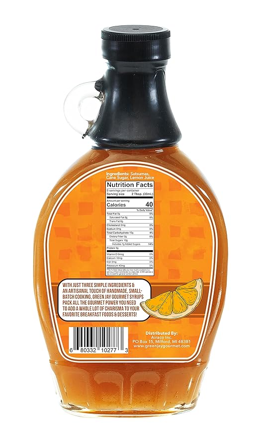Green Jay Gourmet Satsuma Orange Syrup - 3 Ingredient Premium Breakfast Syrup with Fresh Orange, Cane Sugar & Lemon Juice - All-Natural, Non-GMO Pancake Syrup, Waffle Syrup & Dessert Syrup - 8 Ounces