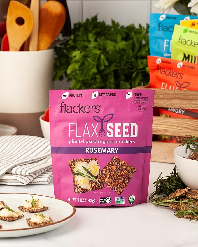 Flackers Organic Rosemary Flaxseed Crackers, 5 Ounce 6-Pack, Gluten Free, Non GMO, Vegan, Keto Snack, 9 Grams Fiber, 1 Net Carb