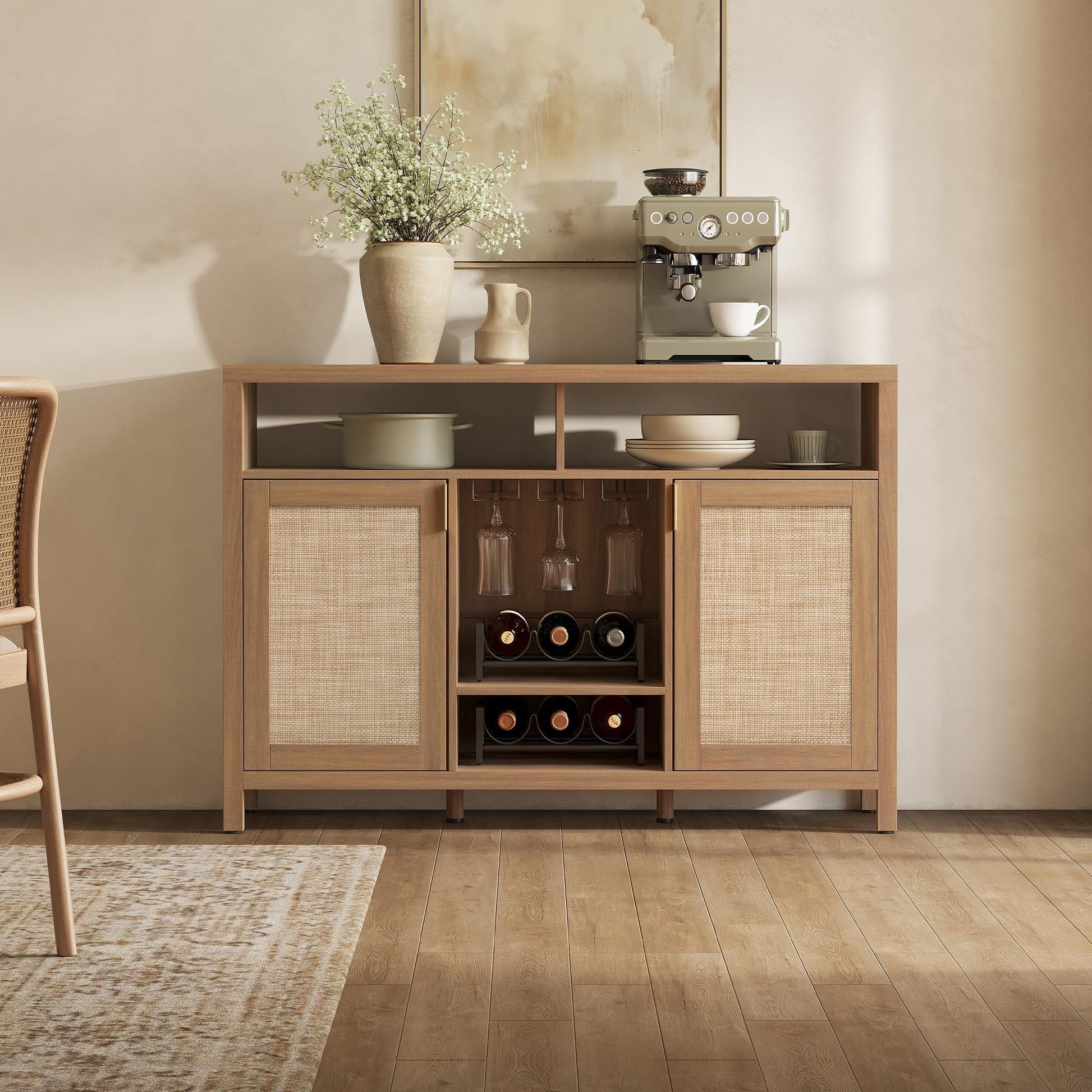 SICOTAS 51" Coffee Bar Cabinet with Storage, Rattan Bar Cart Liquor Cabinet