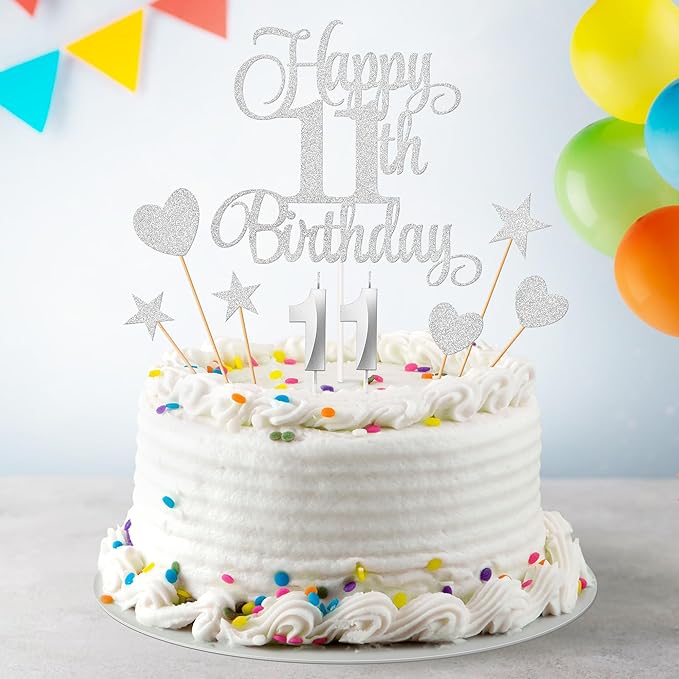 11th Birthday Cake Decorations, 11th Birthday Candles Cake Numeral Candles and Glitter Happy 11th Birthday Cake Toppers Set for Birthday Party Supplies (Silver)
