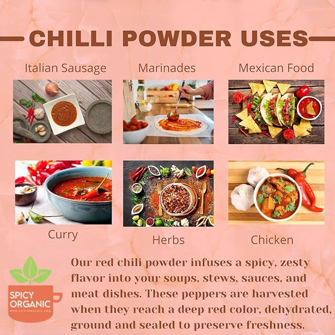 SPICY ORGANIC Red Chili Powder - USDA Certified Organic, Non-GMO - Perfect for adding a smoky, spicy flavor to soups, stews, chili, and more. No Added Preservatives and Color - 45 Servings Per Container, 16 Oz (454 Grams)