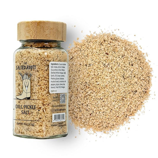 The Salted Roots - Dill Pickle Salt - Vodka-Infused with Fresh Dill, Vinegar & Pickling Spices - Tangy Gourmet Seasoning for Bloody Marys, Burgers, Popcorn & Fries - 4oz Jar