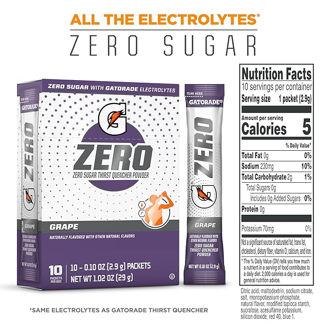 Gatorade G Zero Sports Drink Mix Powder Packets, Grape, Electrolyte Powder Drink Mix for Hydration, Zero Sugar, Total 120 Packets