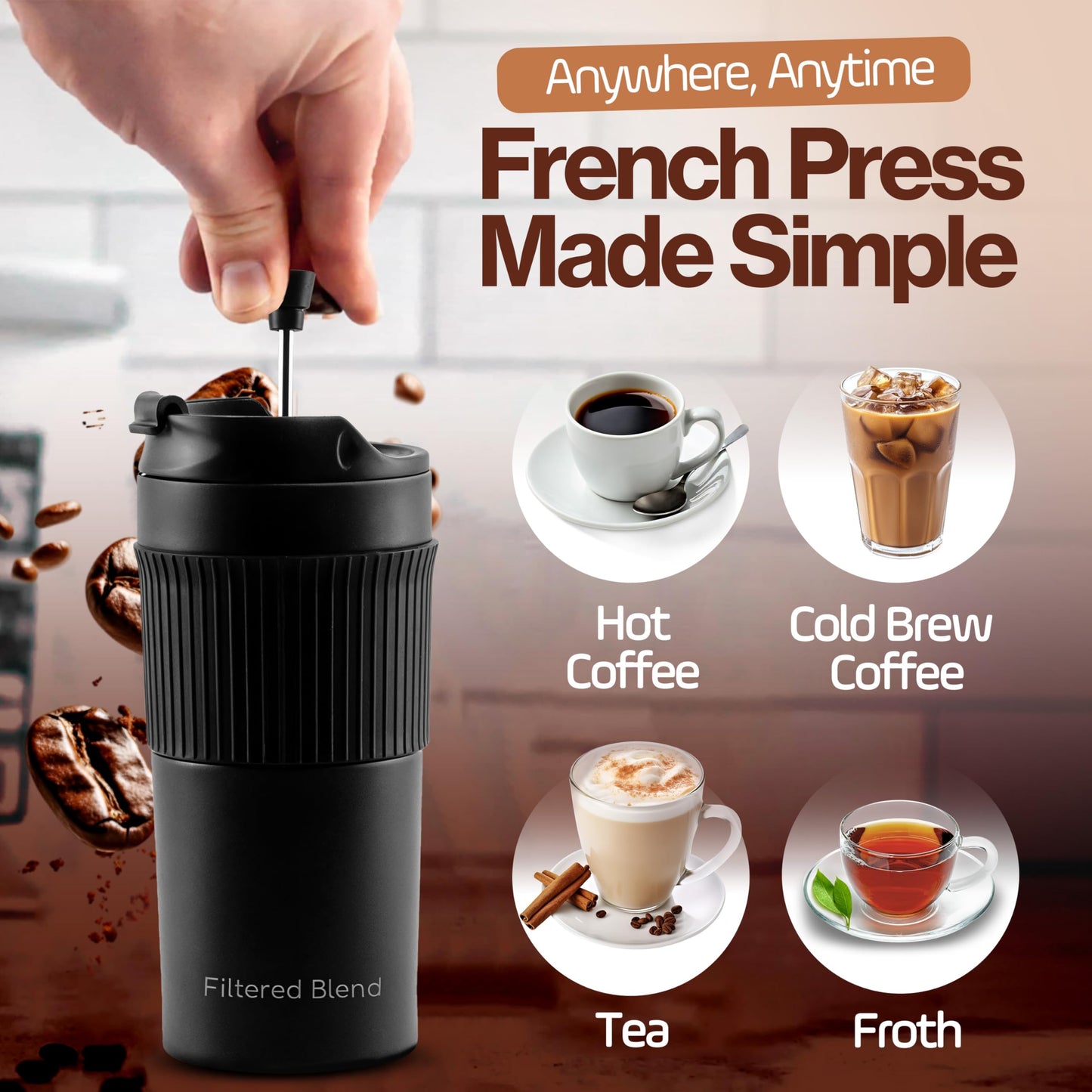 15oz Stainless Steel Travel French Press, Insulated Coffee Tea Mug, Silver