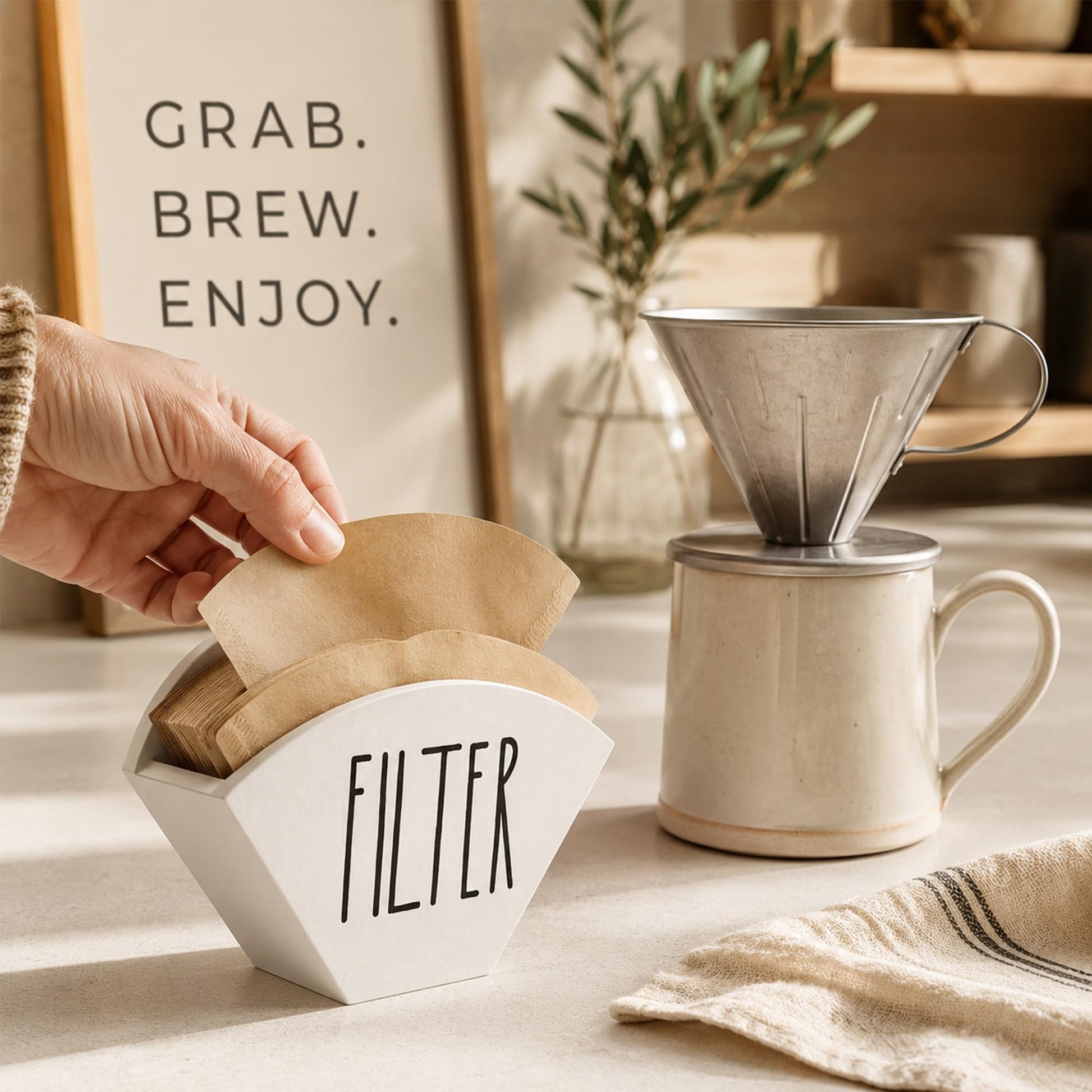 CHONIC Wood Coffee Filter Holder, Farmhouse Cone Filter Storage Organizer, Wall Mount Coffee Bar &