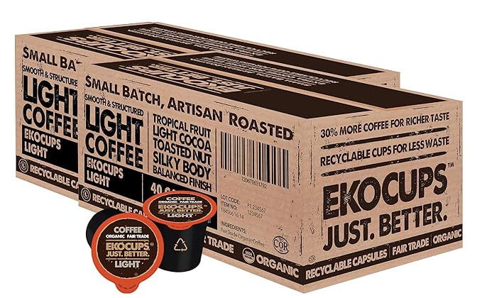 EKOCUPS Organic Light Roast Coffee, Extra 30% More Per Cup, Artisan Fair Trade Gourmet Coffee, Light Roast for Keurig K Cup Machines, Recyclable Pods, 80 Count