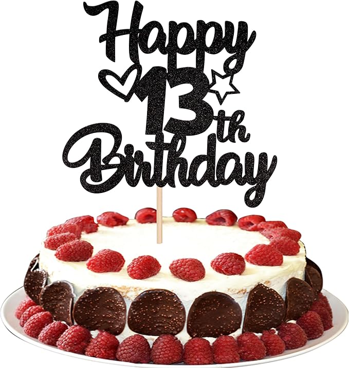 1 Pack Happy 13th Birthday Cake Topper Glitter Heart Star 13 Fabulous Cake Pick Birthday Sign Cake Decorations for Children 13th Birthday Theme Party Supplies Black