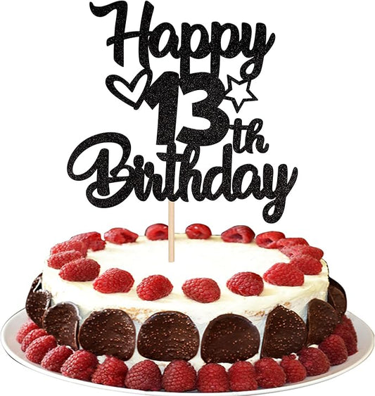 1 Pack Happy 13th Birthday Cake Topper Glitter Heart Star 13 Fabulous Cake Pick Birthday Sign Cake Decorations for Children 13th Birthday Theme Party Supplies Black