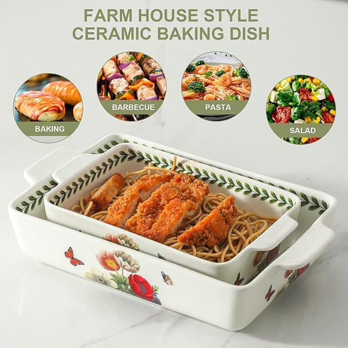 Ceramic Baking Casserole Dish with Handles, Large 8x13 inch & 6x10 inch Pan and Middle Baking Pan - Porcelain Serving Bakeware Set (Papaver rhoeas)