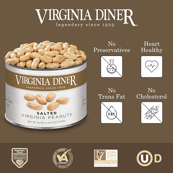 Virginia Diner Salted Virginia Peanuts - XL Gourmet Peanuts Non-GMO, Preservative Free Gifts from Virginia Since 1929-18 Oz Can