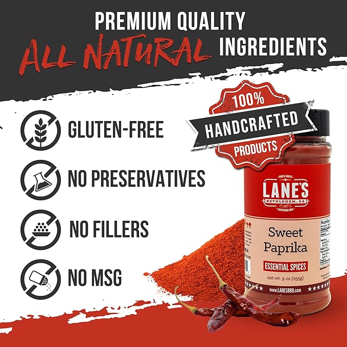 Lane's Sweet Paprika Powder, All-Natural Smoked Paprika Sweet, Great for Chicken, Meat, and Vegetables. Paprika Seasoning Rub, Made in USA, 9 Oz