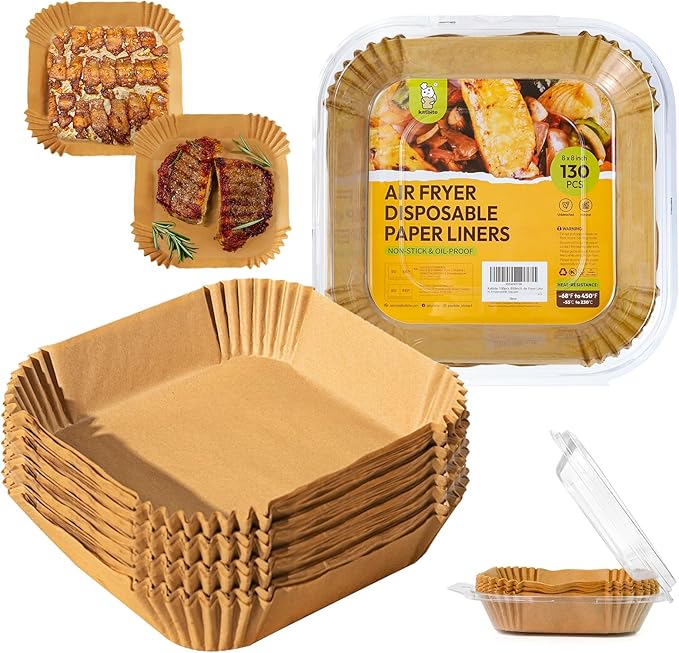 Katbite Air Fryer Liners Disposable - 8 inch Square Non-Stick Airfryer Paper Liners, Unbleached Parchment Paper for 5 to 8 Qt Basket, Frying, Baking, Cooking, Roasting, Easy Cleanup, 130pcs