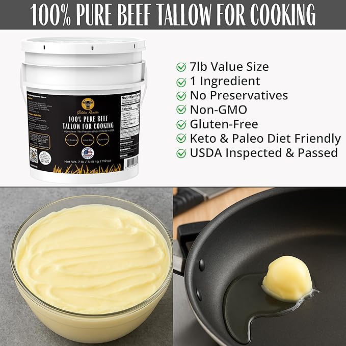 100% Pure Beef Tallow for Cooking & Deep Frying - 7lb Bulk Size - Food Grade Non-GMO | Nose to Tail | Made in USA | Gluten-Free | Great For Roasting, Baking, Cast Iron Seasoning, Candles, & Soap