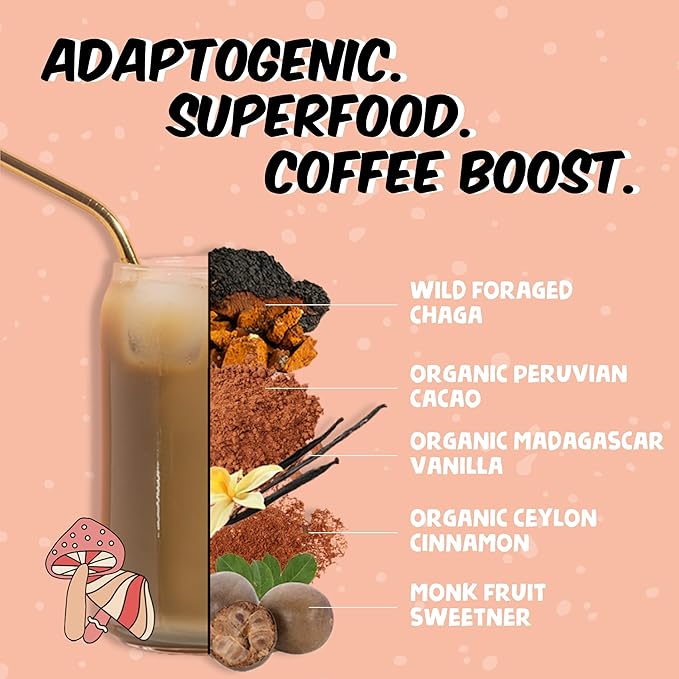 Renude Chagaccino - Chaga Mushroom Powder, Mushroom Coffee Drink Mix with Adaptogens, Natural Energy and Immune Support, Vegan, Keto, Zero Calorie Mushroom Blend Powder - 30 Servings
