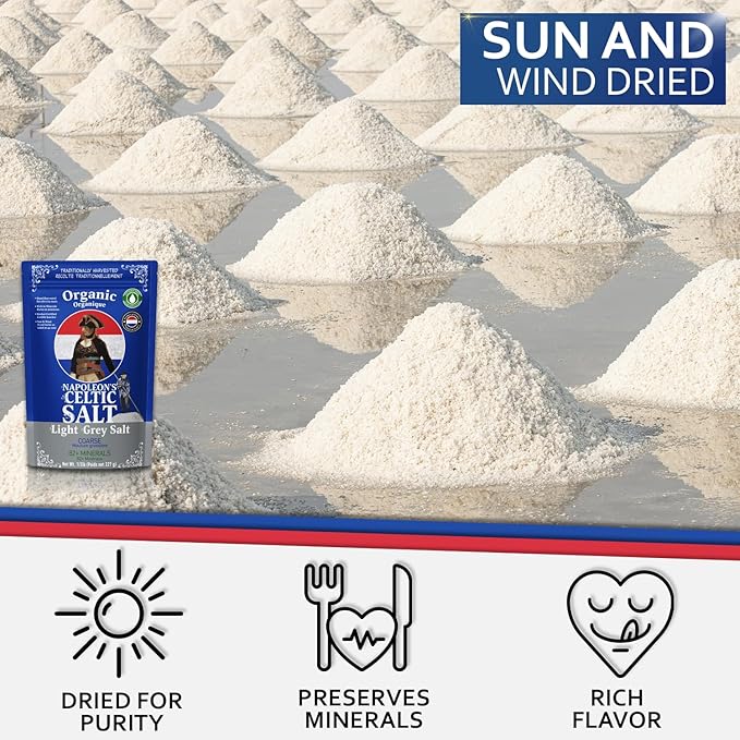 Napoleon's Celtic Organic 82 Minerals Sea Salt Coarse, French Sea Salt, Grey Salt, 1/2lb Resealable Bag, Mineral Rich Unrefined Sea Salts, Naturally Moist, Hand Harvested, Unrefined Mineral Salt, 100% Natural, Sel Gris (0.5lb Grey Coarse) Pack of 1