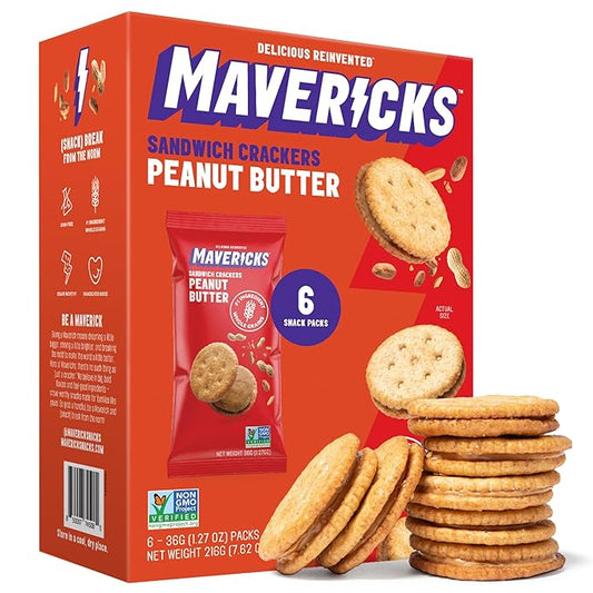 Mavericks Sandwich Crackers Peanut Butter - Plant-Based Peanut Butter Sandwich, Snack Crackers, Whole Grain, Non-GMO - 1 Box (6 Snack Packs)