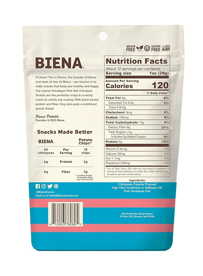 BIENA Roasted Chickpea Snacks ??Himalayan Salt, 1 Value Pack ??Crispy Salted Chickpeas Loaded with Protein & Fiber - Delicious, Healthy Snacks for Adults and Kids (Pack of 2)
