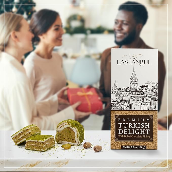 Eastanbul Premium Turkish Delight with Dubai Chocolate Filling, 8.8oz, Turkish Delights Pistachio, Lokum, Pistachio Candy Gift Box, International Candy, Lokum