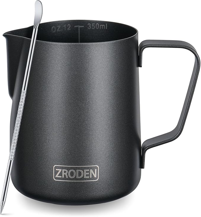 Milk Frothing Pitcher, 12oz Espresso Steaming Pitchers Stainless Steel Cappuccino Coffee Machine Accessories Barista Tools Steam Froth Pitchers Milk Jug Cup with Decorating Pen Latte Art, Matte Black