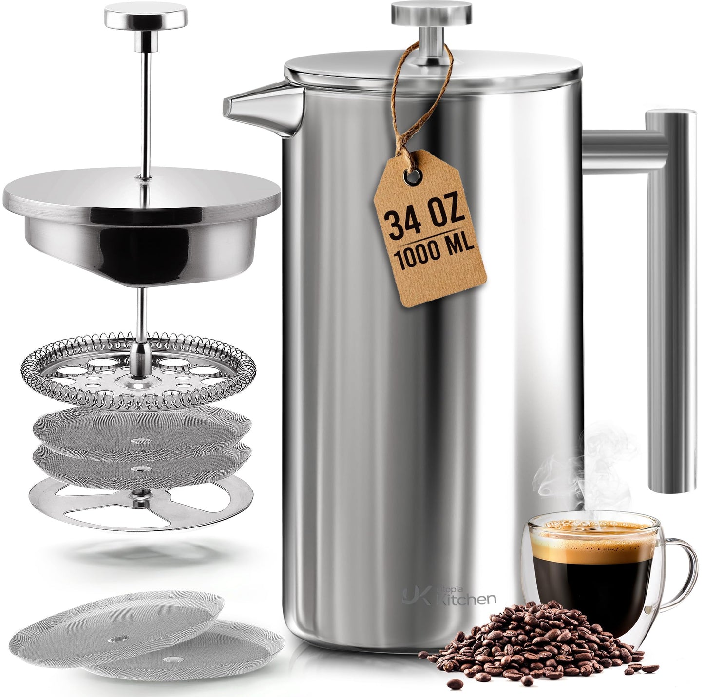 Utopia Kitchen 304 Grade Stainless Steel French Press 34 Oz, Silver