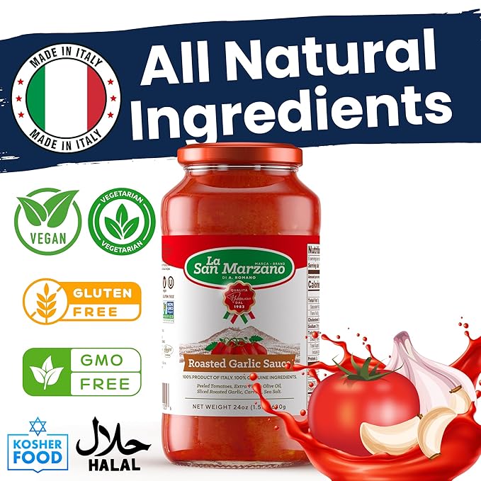 La San Marzano Roasted Garlic Sauce, 24 oz, Pasta Sauce Made in Italy, All Purpose Tomato Premium Quality, All Natural, Mediterranean Diet, Non GMO, Vegan, Gluten Free