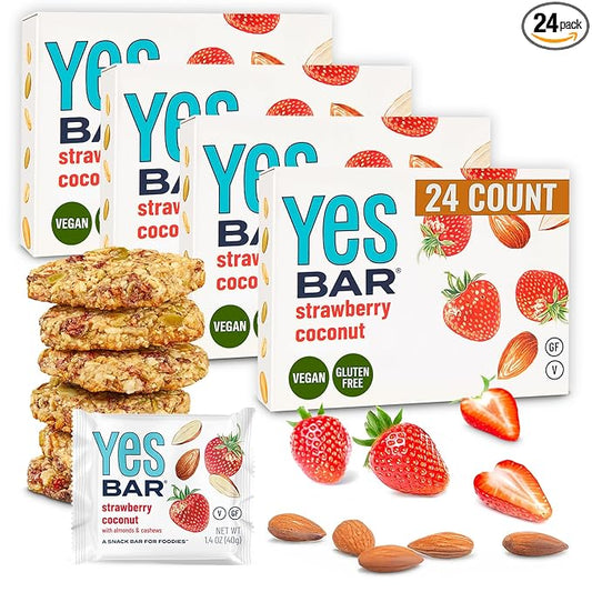 The YES Bar ??Strawberry Coconut ??Plant Based Protein, Decadent Snack Bar ??Vegan, Paleo, Gluten Free, Dairy Free, Low Sugar, Healthy Snack, Breakfast, Low Carb, Keto Friendly (24 Count)