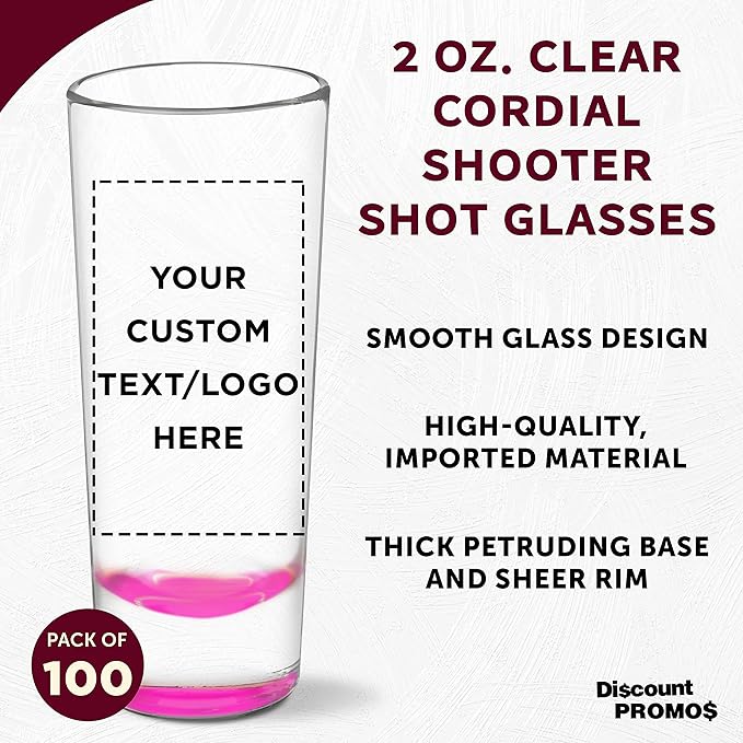 Custom Cordial Shooter Shot Glasses 2 oz. Set of 100, Personalized Bulk Pack - Great for Birthdays, Parties, Indoor & Outdoor Events - Pink