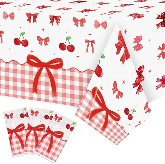3Pcs Bow Party Tablecloths - Red Cherry Party Table Covers Decorations Coquette Bow Rectangular Plastic Disposable Table Cloth Decor for Girls Women Kids Birthday Baby Shower Supplies