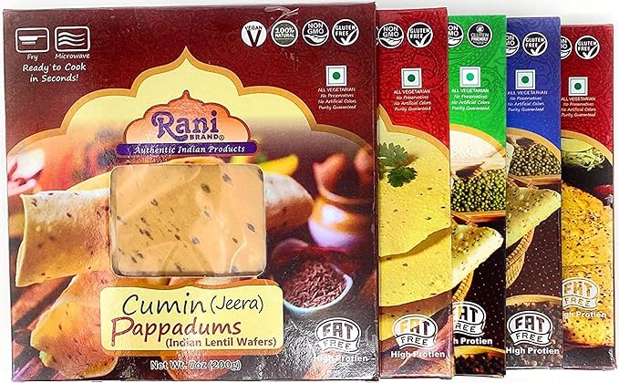 Rani Pappadums (Indian Lentil Wafer Snack) 5-Variety Papad Pack (Green Chilli, Garlic, Cumin, Extra Hot, Black Pepper) 7oz (200g) Approximately 15pc, 7 inches ~ All Natural | Gluten Friendly | NON-GMO